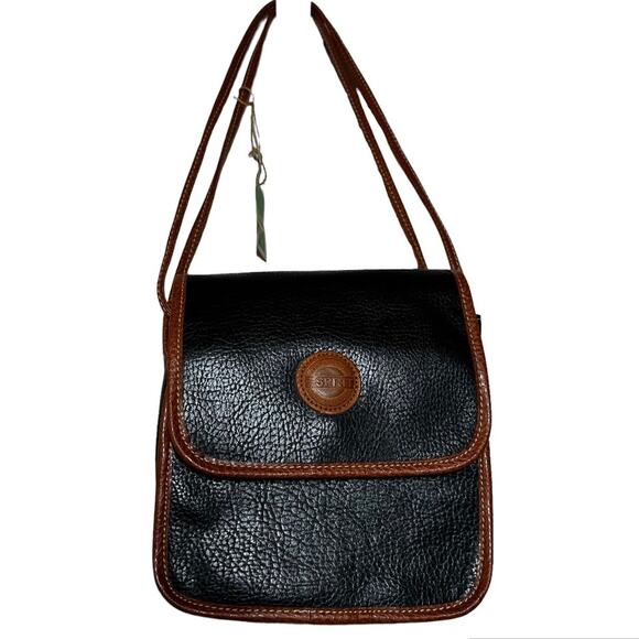 VTG Esprit Accessories Cross Body Bag Magnetic Snap Leather Black Brown - Picture 1 of 10